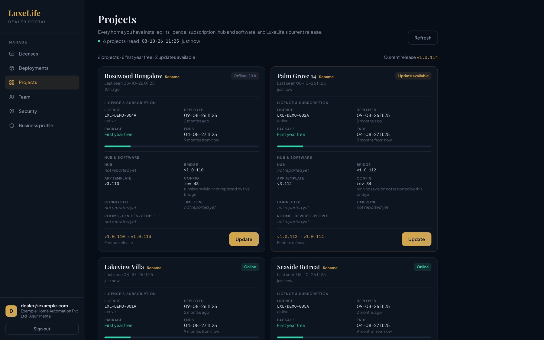 The dealer portal: every home with its hub, version and an Update button